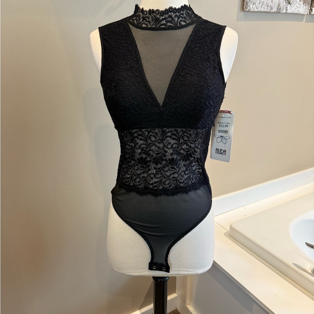 Aura Black Lace High-Neck Bodysuit with Sheer Insets